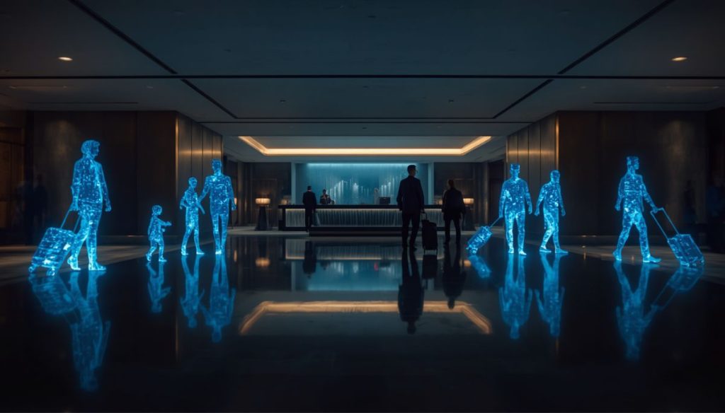 Intelligenza artificiale negli hotel, silhouette AI alla reception