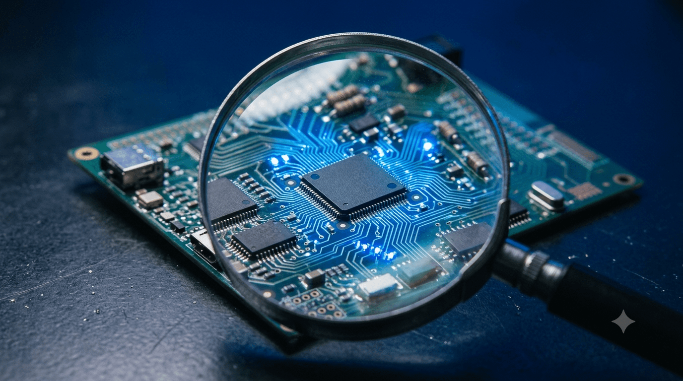 Lente d'ingrandimento su un circuito elettronico durante un'analisi forense digitale