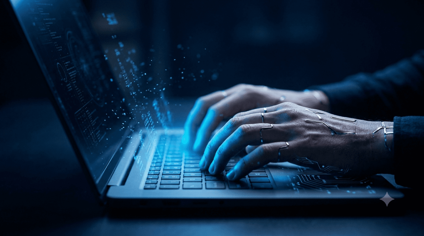 Mani su un laptop durante il recupero dati e la produzione della prova digitale