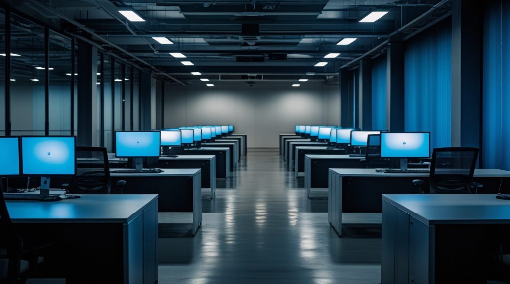 Ufficio open space vuoto di notte con i monitor ancora accesi sulle scrivanie