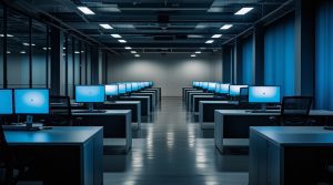 Ufficio open space vuoto di notte con i monitor ancora accesi sulle scrivanie