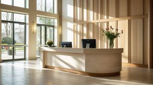 A bright empty hotel reception desk in morning daylight with a monitor and fresh flowers on the counter