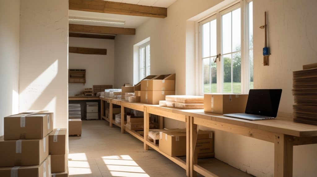 Laboratorio artigiano luminoso con bancone in legno, scatole pronte alla spedizione e un portatile aperto