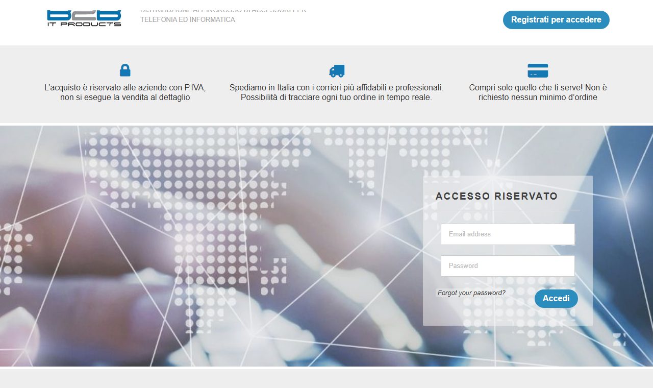 Home del sito ITProducts, e-commerce B2B con area di accesso riservata alle aziende con partita IVA