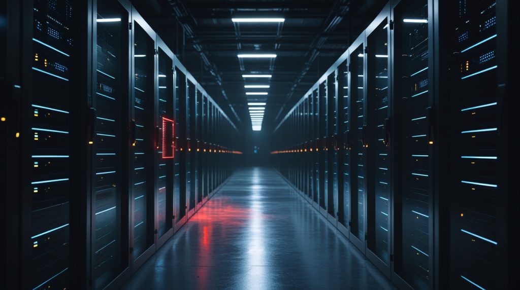 Corridoio di un data center in penombra con server illuminati di blu e un accento rosso di allerta, a illustrare un attacco ransomware guidato dall'intelligenza artificiale