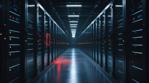 Corridoio di un data center in penombra con server illuminati di blu e un accento rosso di allerta, a illustrare un attacco ransomware guidato dall'intelligenza artificiale