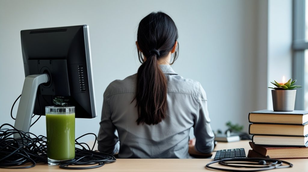 Persona di spalle al lavoro davanti a un monitor, con un centrifugato verde, una piantina e una candela sulla scrivania e i cavi aggrovigliati sul piano
