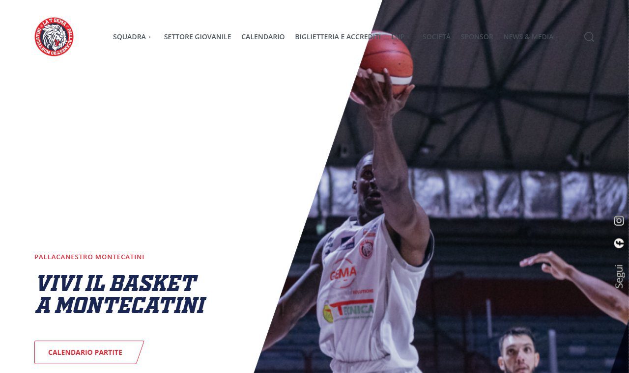 Home del sito di Pallacanestro Montecatini con il menu della società e la foto di una partita
